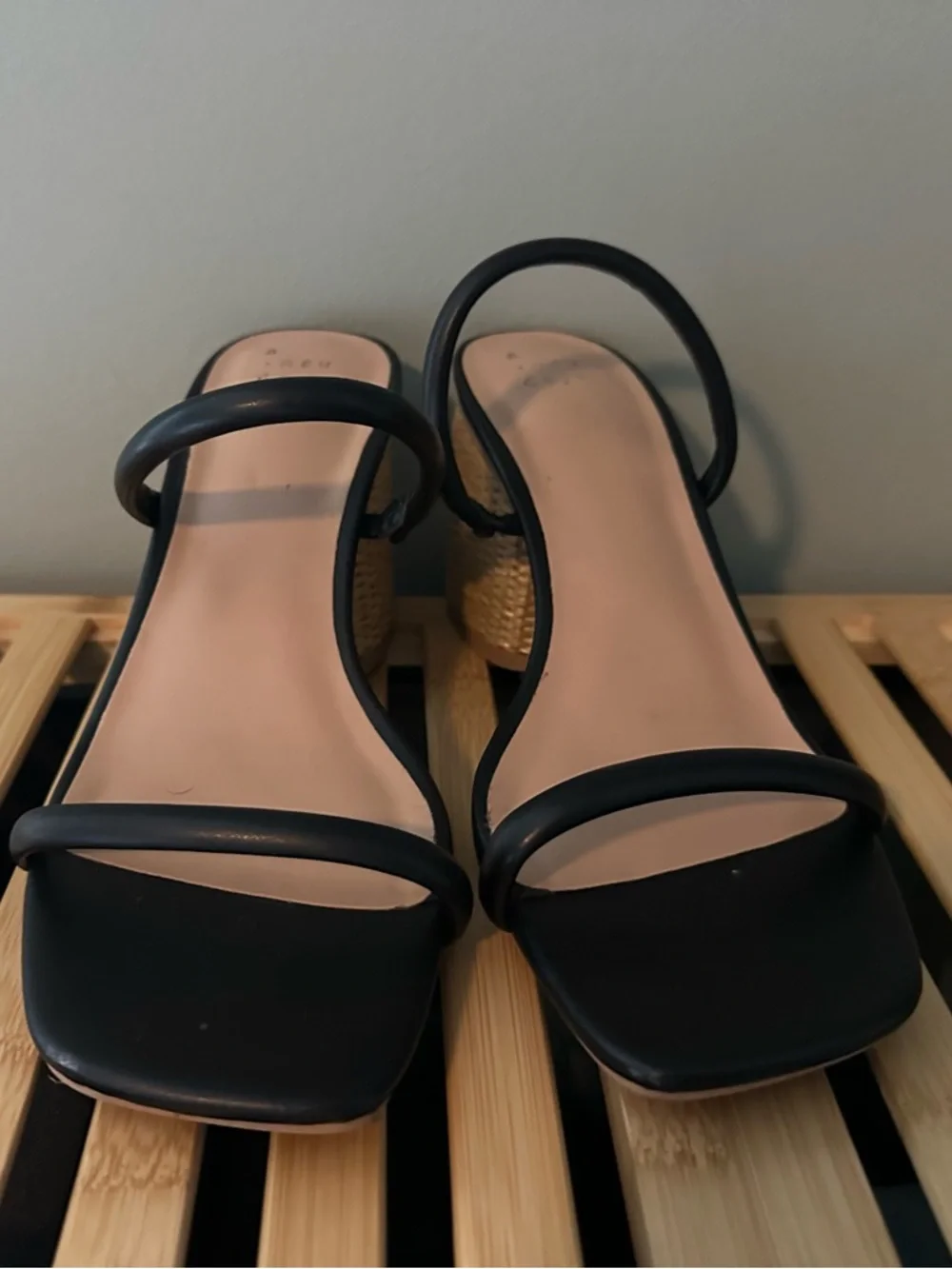 a new day Black Strappy Wedge Sandals with Woven Heel